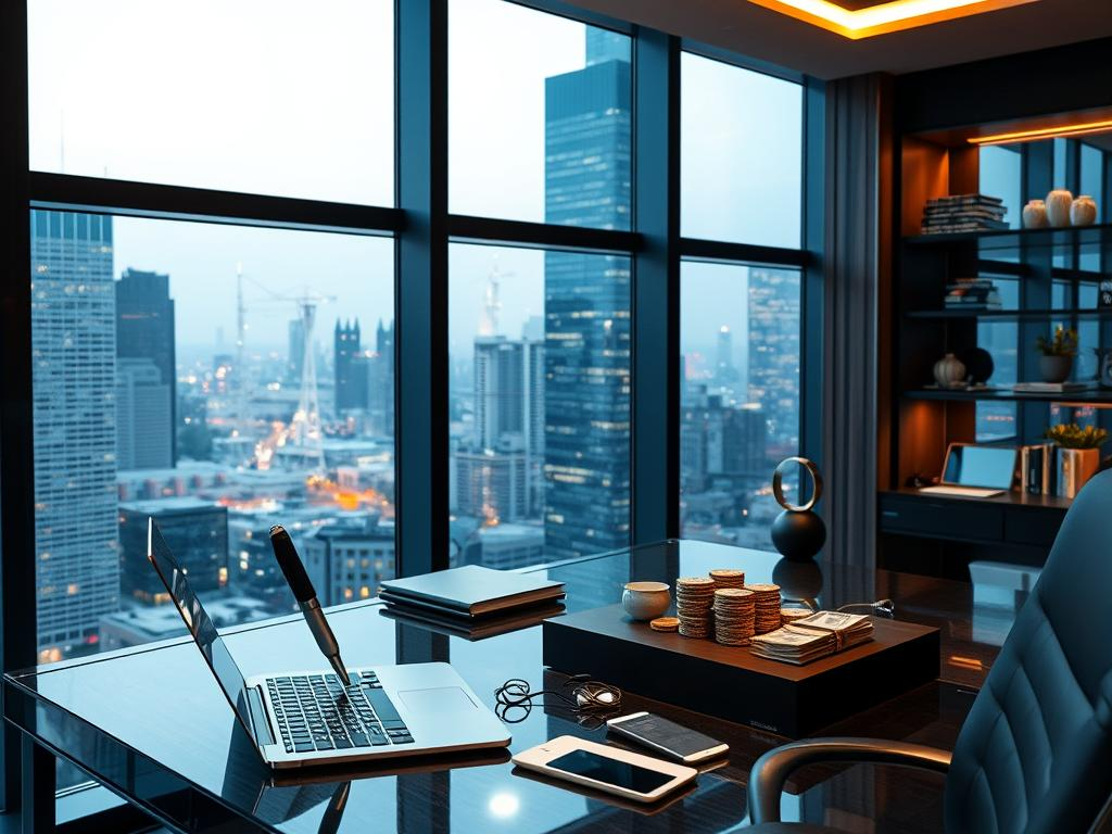 A high-rise office at dusk overlooking a city skyline, with a laptop, phone, and stacked coins on a glass desk