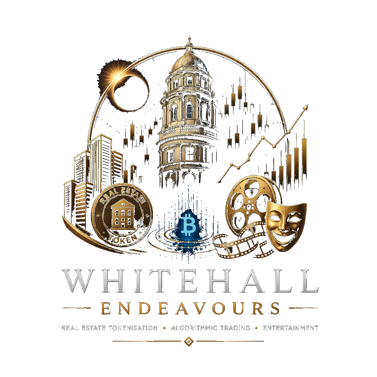 Whitehall Endeavours emblem, combining a landmark building, a real estate token, market candlesticks, and film reel and masks representing property, trading and entertainment