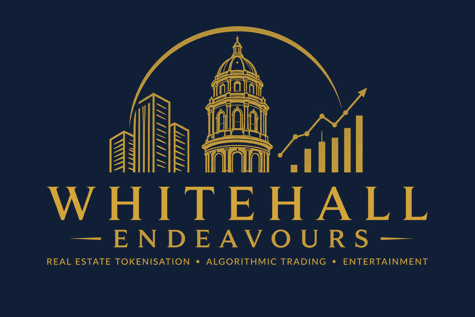 Whitehall Endeavours emblem featuring a landmark building, city skyline, and market chart