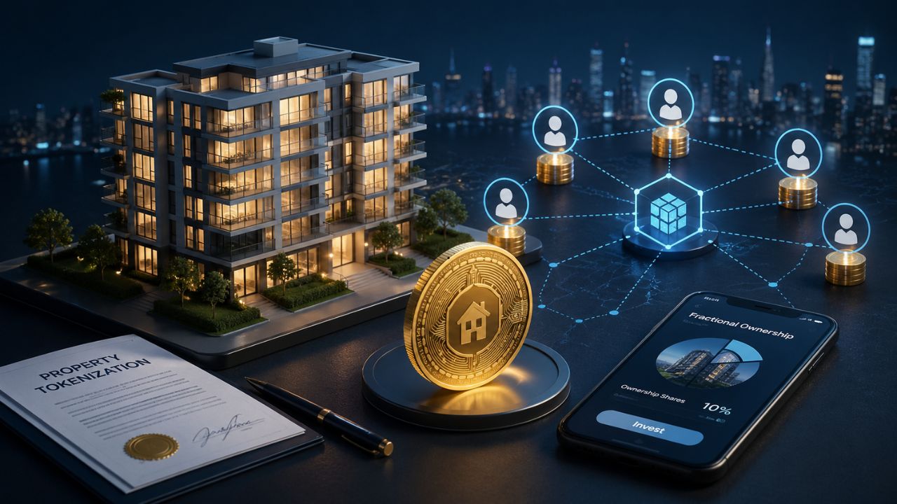 A tokenised residential building alongside a real estate token coin, a fractional ownership app, and a property tokenisation certificate