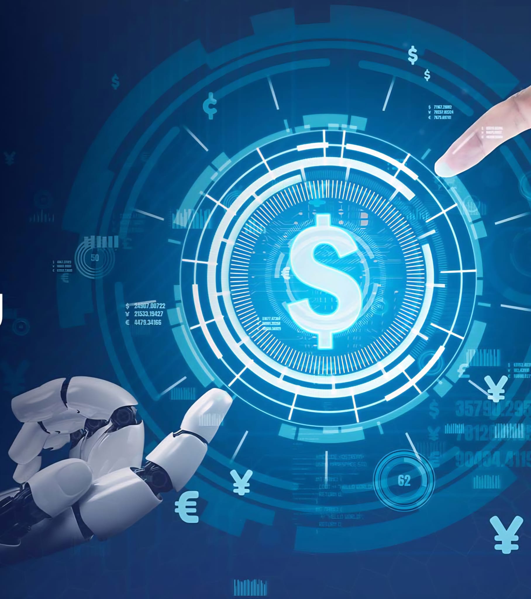 A robotic hand and a human hand reaching toward a glowing digital dollar sign, surrounded by currency symbols and market data, representing automated trading